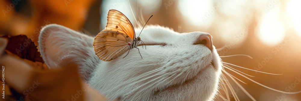 Poster White cat enjoying the warmth of sunlight with a butterfly resting on its nose in an autumn landscape. Generative AI