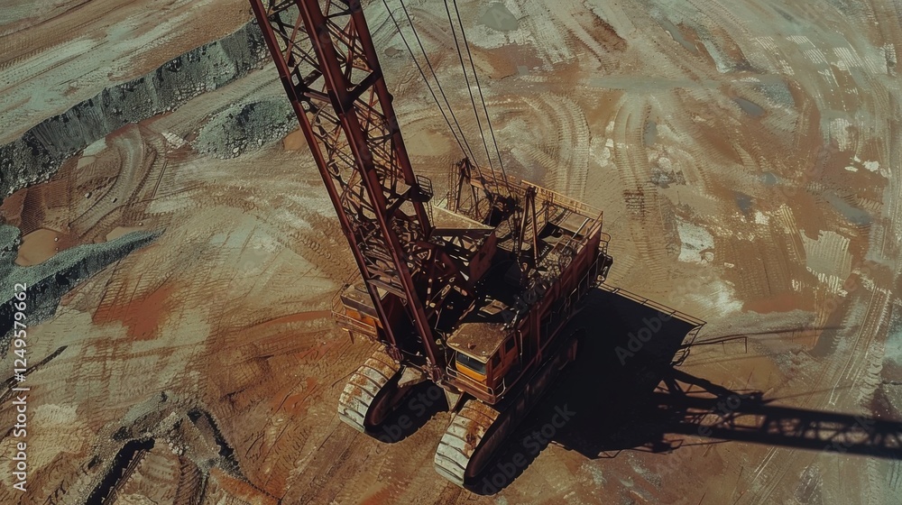 Aufkleber A large piece of machinery stands in a mining area, surrounded by uneven ground and visible dirt displacement, indicating ongoing excavation activity under bright daylight.