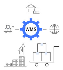 Blue gear labeled WMS connects warehouse, cart with boxes, stacked pallets, upward graphs, and global network. Ideal for logistics, supply chain, warehouse operations, inventory management process