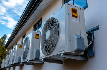 Row of modern air conditioning units installed on the exterior wall of a commercial building for climate control