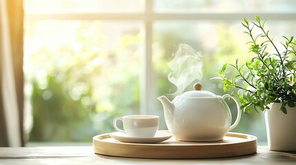   A tray with a teacup, teapot, and a potted plant in front of a window