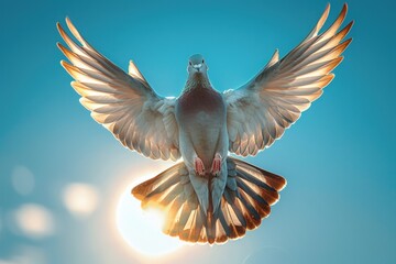 Obraz premium A majestic pigeon in flight, wings spread wide against a vibrant blue sky, bathed in golden sunlight.