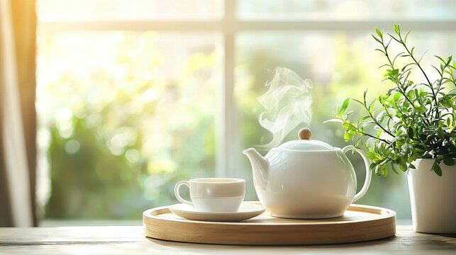   A tray with a teacup, teapot, and a potted plant in front of a window