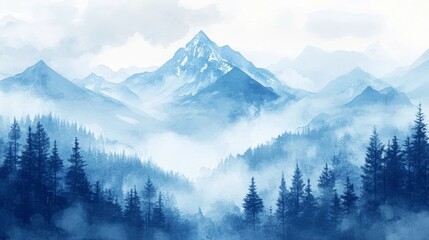 Obraz premium Majestic mountains rise above misty forests in tranquil blue tones during a peaceful morning