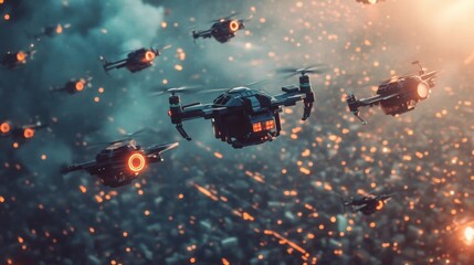 Swarms of drones navigate through city skies during twilight, showcasing advanced technology in urban landscapes