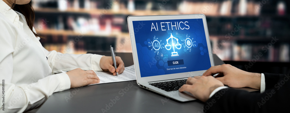 Poster ai ethics responsibility standard law and rules on computer screen provide report of ai ethic transp