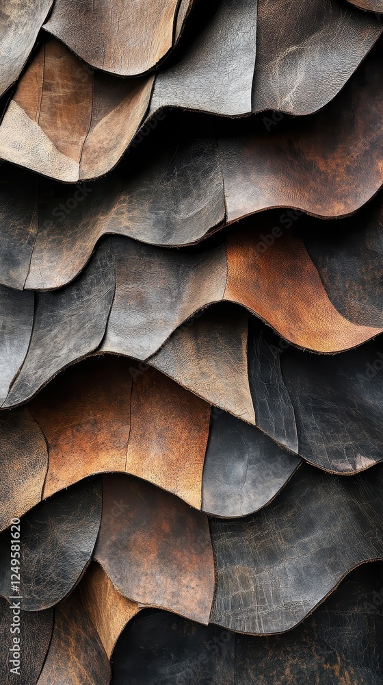 Poster overlapping leather pieces create an abstract wavy textured background