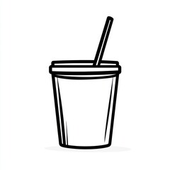 Simple outline of a disposable paper cup with straw, on a white background.  Suitable for food illustration or beverage icon