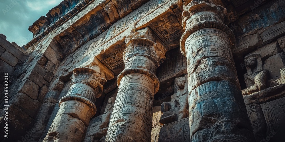 Poster elaborate stone columns feature intricate carvings at an ancient temple