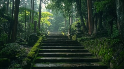 Obraz premium Beautiful stone steps lead through a serene forest filled with lush greenery and soft morning light in Japan