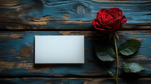 A single red rose lies on a rustic wooden table next to a blank white card.