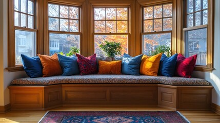 A bay window with a built-in bench seat and colorful pillows overlooking a sunny autumn day.