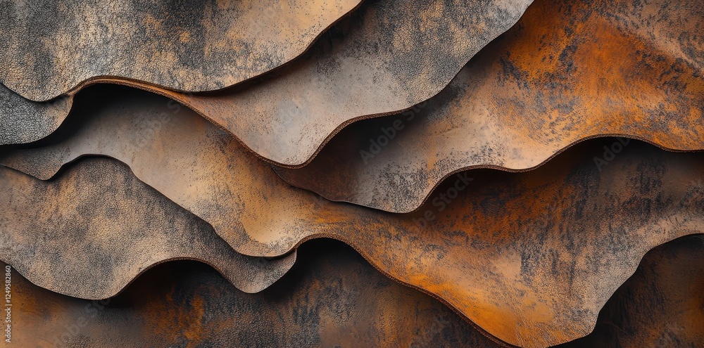 Poster overlapping layers of textured and colored material create a pattern