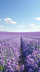 Fototapeta premium Endless rows of lavender stretch into the horizon, their soft purple hues blending with the clear blue sky above. dreamlike, ethereal and deeply soothing, fully immersive.