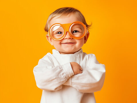 studio portrait of baby wearing scientist costume isolated on yellow background