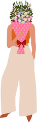Woman holding a bouquet of flowers in front of her face. The bouquet is wrapped in pink polka-dotted paper with a red bow, featuring an assortment of pastel-colored blossoms.