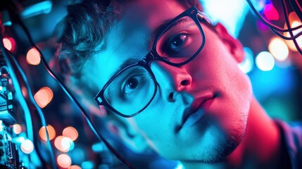 Portrait of a Young Man with Glasses in a Technology Environment Surrounded by Colorful Neon Lights and Wires for Futuristic and Cyber Themes
