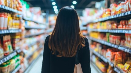 Young woman shopping in a grocery store aisle surrounded by colorful packaged food products in a modern retail environment