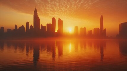 Obraz premium Golden sunrise over a city skyline with reflections on water