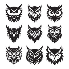 Owl Head Logo Set Black and White Vector Icons.