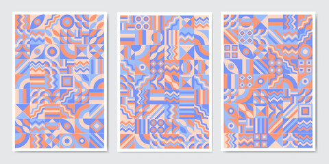 Color neo geo poster. Modern grid flyer with geometric shapes, geometry graphics and abstract background vector set. Geometry grid pattern banner vivid presentation illustration