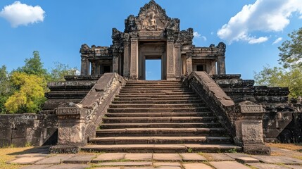 Fototapeta premium Historic temple complex with intricate architecture situated in lush greenery under a bright blue sky