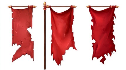 Worn red banners waving in an ancient battlefield, signaling a call to arms during a historic conflict