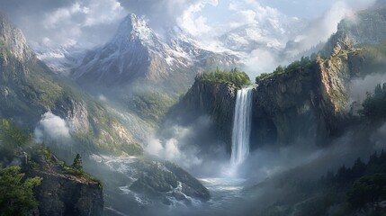 Fototapeta premium Majestic waterfall, misty mountains, scenic valley, travel poster