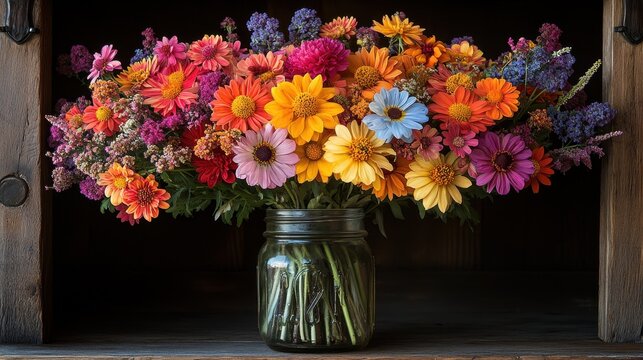 Colorful summer flower bouquet in mason jar, wooden background, floral arrangement, home decor - Powered by Adobe