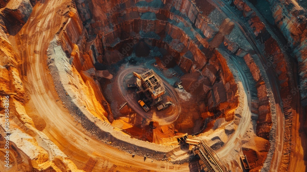 Aufkleber an expansive open pit mine reveals layers of earth as heavy machinery operates in the center, surrou