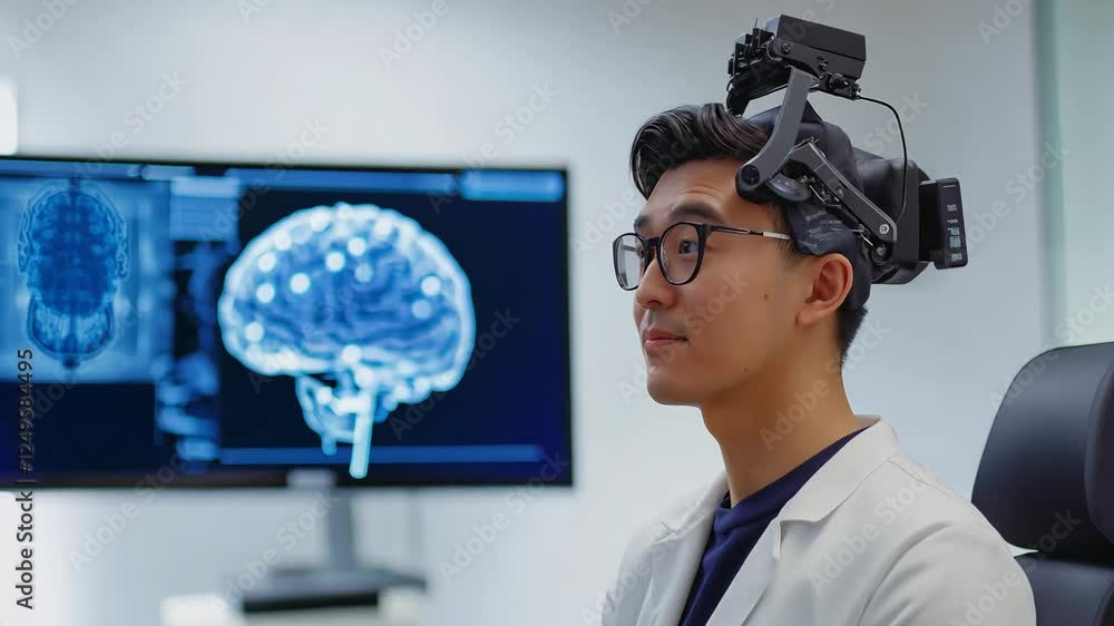 Poster an asian researcher man wearing advanced brain imaging equipment interacts with a screen displaying 