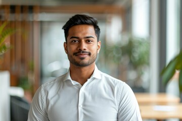 Naklejka premium Portrait of a young, confident Indian man in a white shirt, smiling gently in a modern office setting.