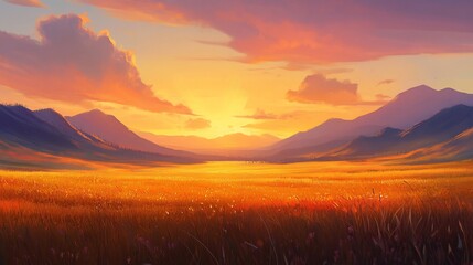 Obraz premium Golden sunset over vast mountain meadow, peaceful landscape, nature background, ideal for travel brochures