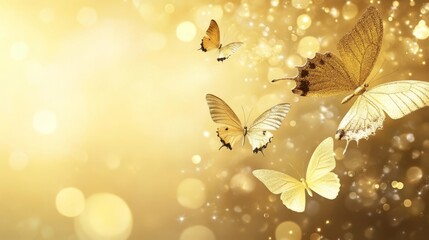 Golden butterflies fluttering gracefully in warm light against a shimmering backdrop