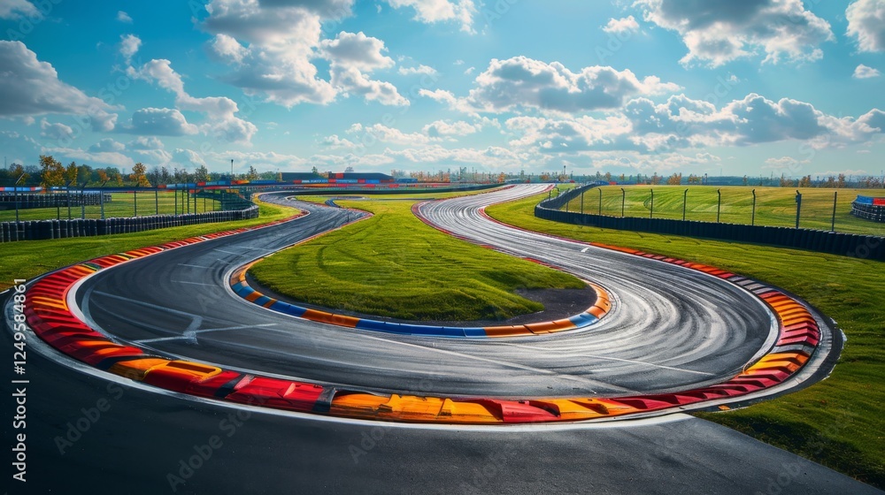 Poster a winding racetrack extends through a lush green landscape, showcasing colorful curbing as vehicles 