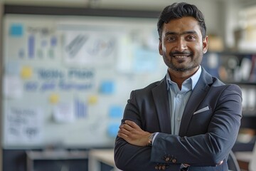 Obraz premium Confident businessman with arms crossed, smiling, in a modern office setting.
