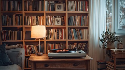 Cozy home library, vinyl record playing, bookshelves, relaxing evening