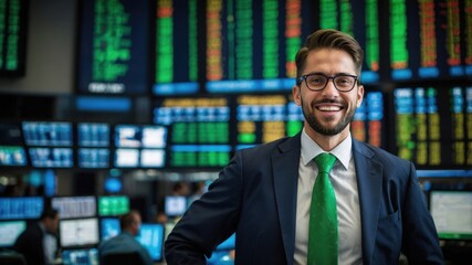 financial stock exchange, green charts, stock market growth, stock exchange employees rejoice.