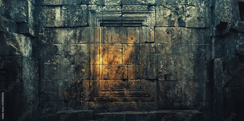 Poster ancient stone wall section features carved rectangular design element
