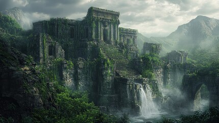 Fototapeta premium Ancient temple ruins are overtaken by lush green vegetation