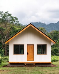 A charming, modern house with a wooden door and large windows, surrounded by lush greenery and mountains, providing a serene retreat in nature.