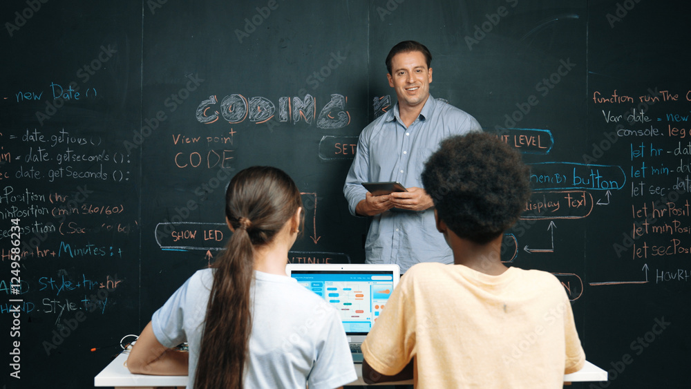 Poster caucasian teacher answering student question while holding tablet. caucasian girl pointing at blackb