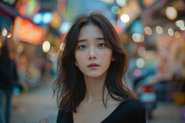 Fototapeta premium A young woman with dark hair stands in a brightly lit city street at night.