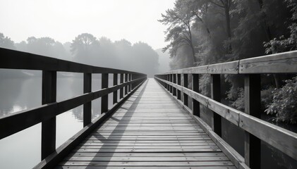 Fototapeta premium Striped monochrome wooden bridge spanning tranquil water, scenic, nature