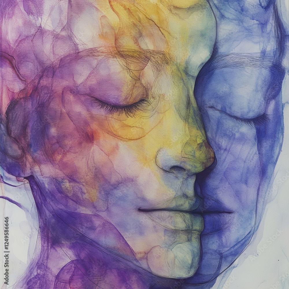 Poster abstract portrait blending colors in a serene representation of human emotions and connection. gener