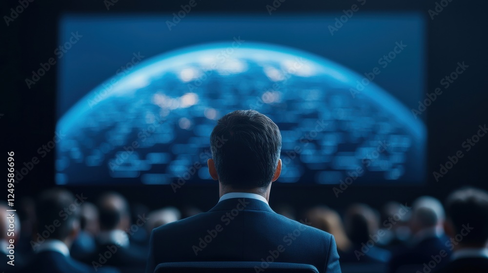 Poster a person sits in an audience, gazing at a large screen displaying a digital representation of earth.