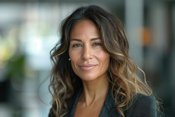Fototapeta premium A confident middle-aged woman with wavy brown hair, smiling gently at the camera.