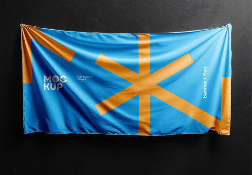 Horizontal Hanging Banner, Flag Mockup with Black Background &ndash; High-Quality PSD Template for Outdoor Advertising and Branding