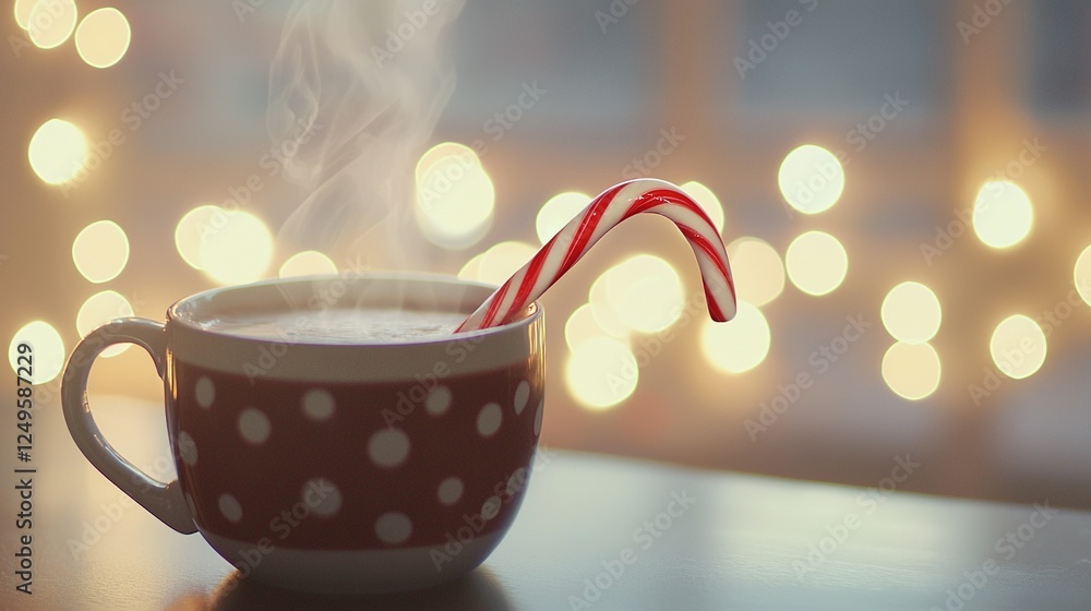 Poster a mug of steaming cocoa topped with a candy cane, set atop a table illuminated by soft lights