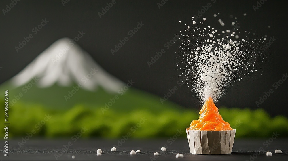 Poster cupcake with sprinkles emerging from its surface against dark background and distant mountain range
